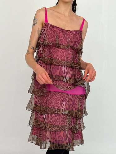 Vintage Tiered Silk Dress - Pink/Leopard