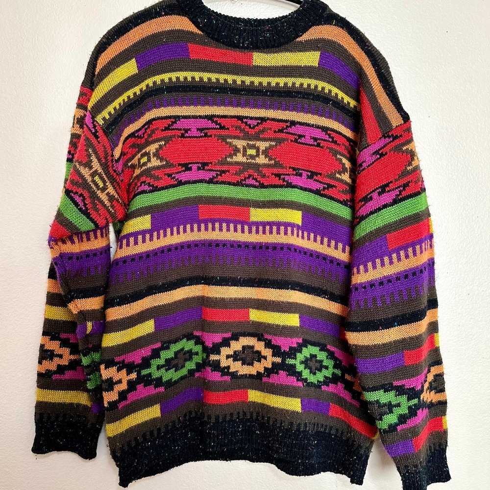 Vintage Aztec sweater 80s. Colorful design with s… - image 1