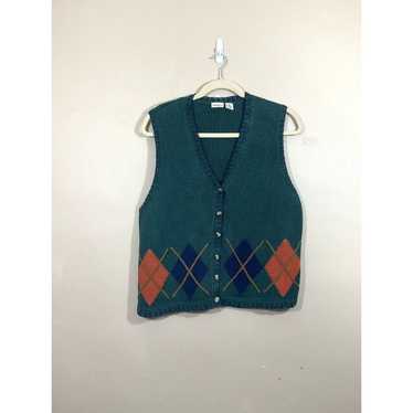 VTG Womens V-Neck Argyle Sweater Vest 3X Green 90… - image 1