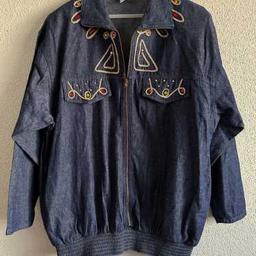 Adolfo Collection Denim Embroidered Zipper Jacket… - image 1