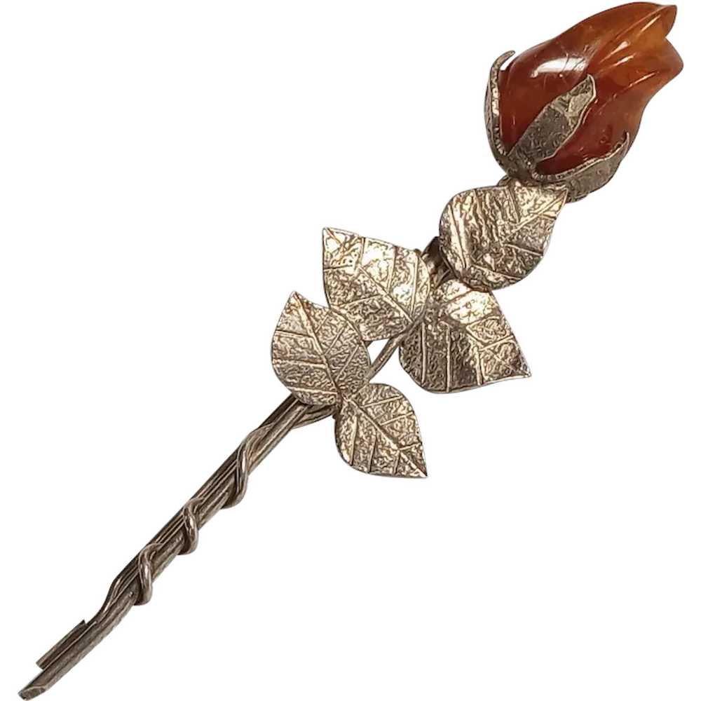 Sterling silver carved amber rose bud pin brooch - image 1