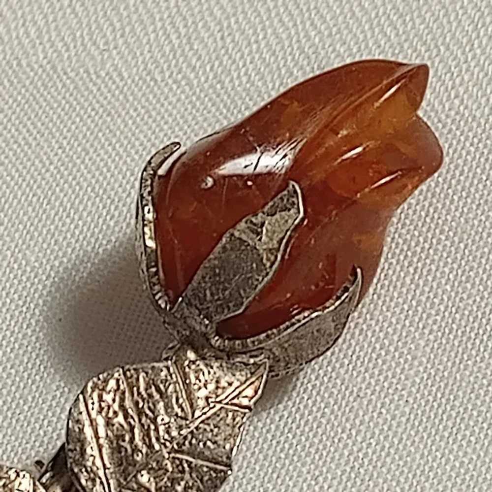 Sterling silver carved amber rose bud pin brooch - image 2