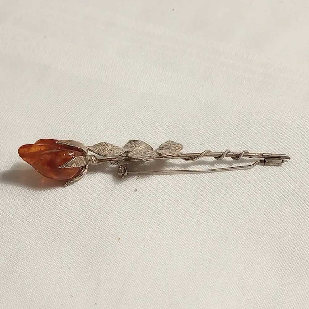 Sterling silver carved amber rose bud pin brooch - image 3