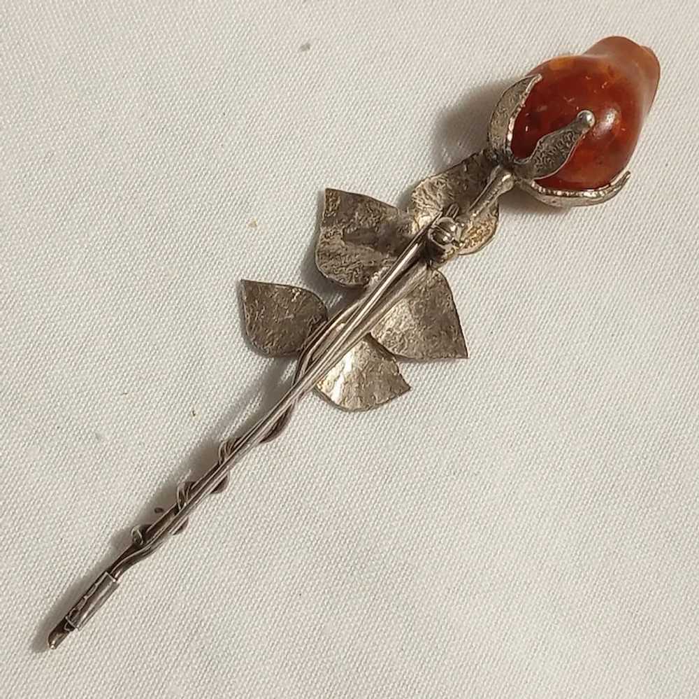 Sterling silver carved amber rose bud pin brooch - image 4