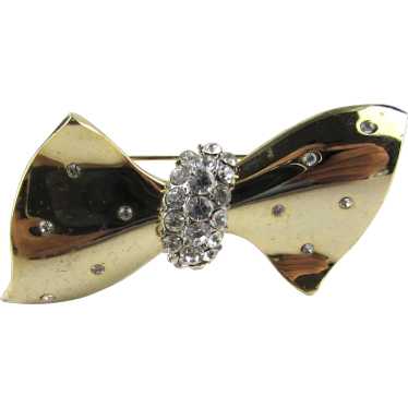 Crystal Accented Gold Tone Bow Pin