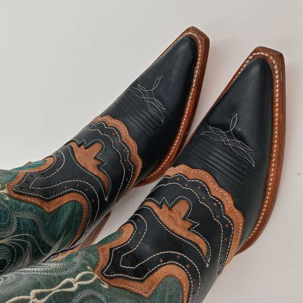 Vintage Pointy Toe Cowboy Boots Green Brown Black… - image 11