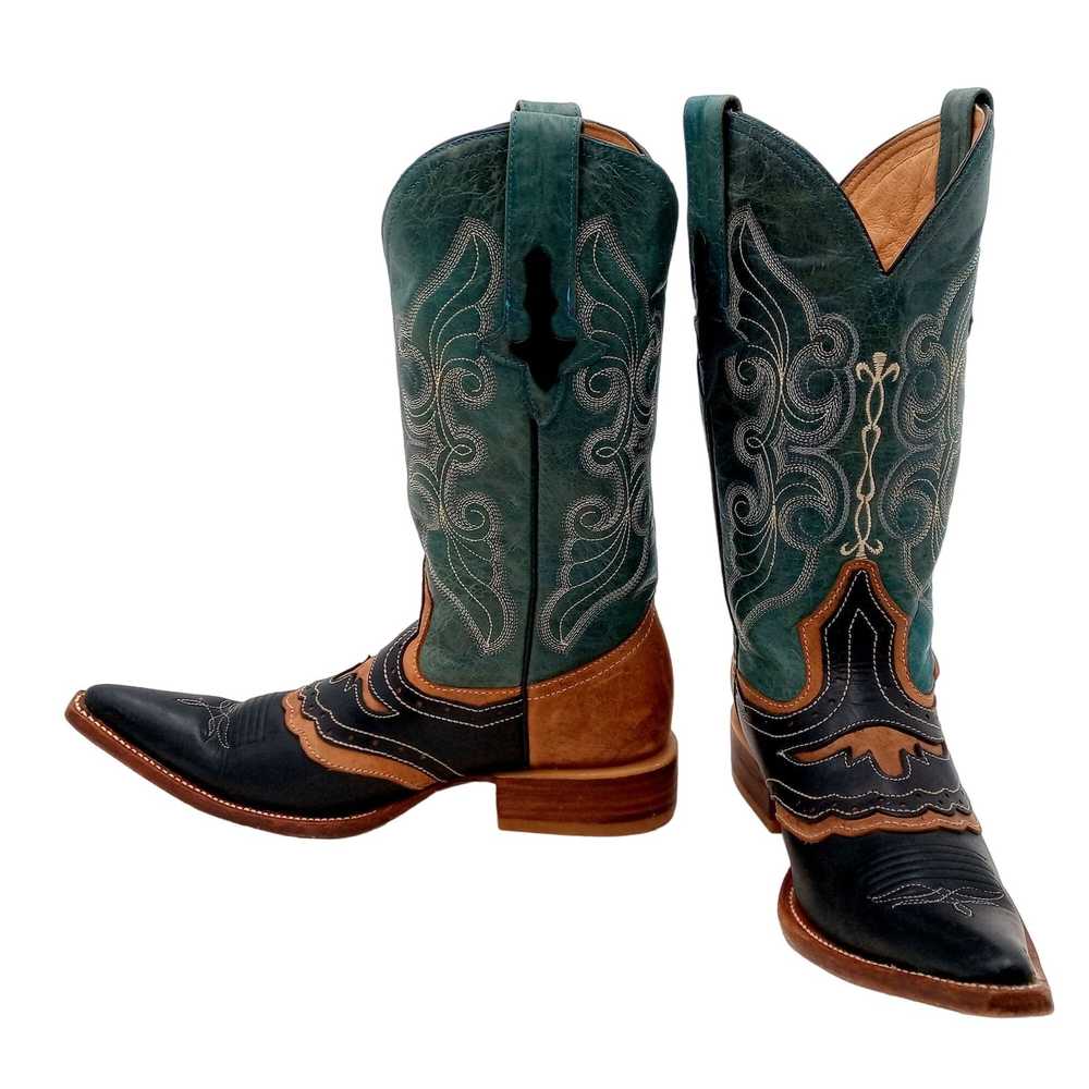 Vintage Pointy Toe Cowboy Boots Green Brown Black… - image 12