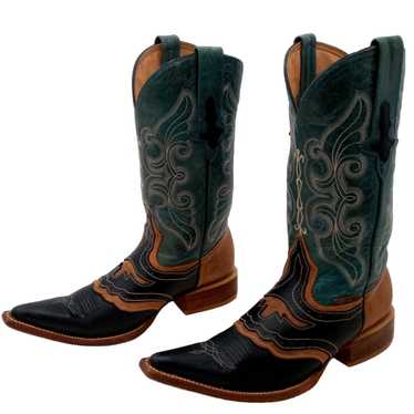 Vintage Pointy Toe Cowboy Boots Green Brown Black… - image 1