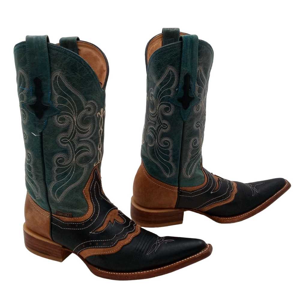 Vintage Pointy Toe Cowboy Boots Green Brown Black… - image 2