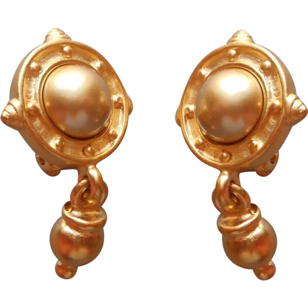 1990s Carolee Matte Gold Tone Clip Drop Earrings … - image 1