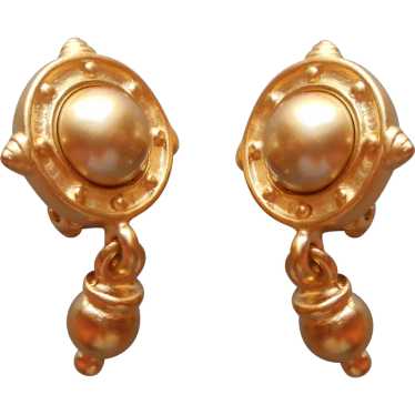 1990s Carolee Matte Gold Tone Clip Drop Earrings … - image 1
