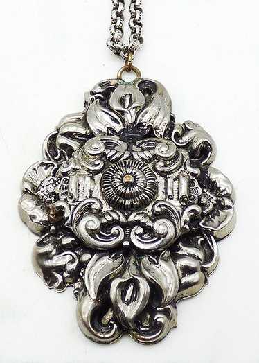 Victorian Revival Silver Tone Floral Pendant Neckl
