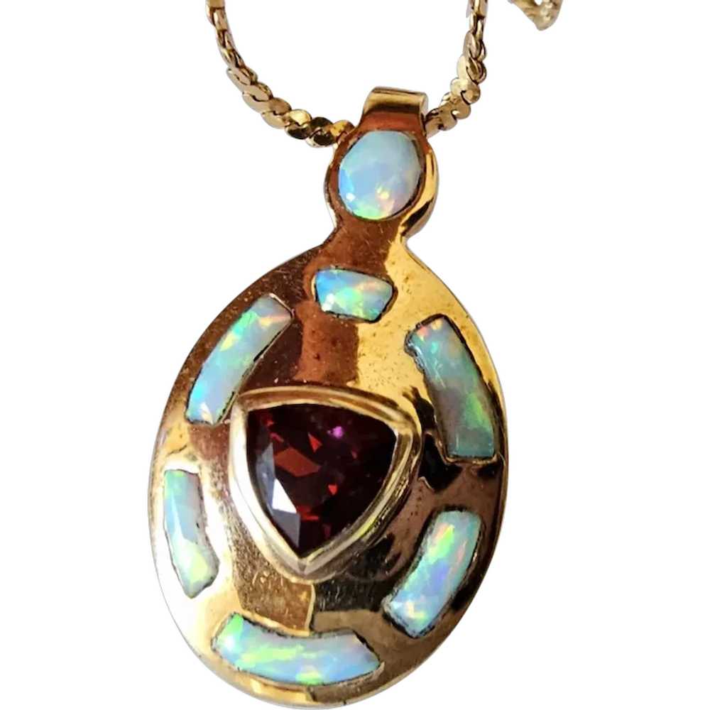 Vintage 14K Natural Opal & Red Garnet Pendant - image 1