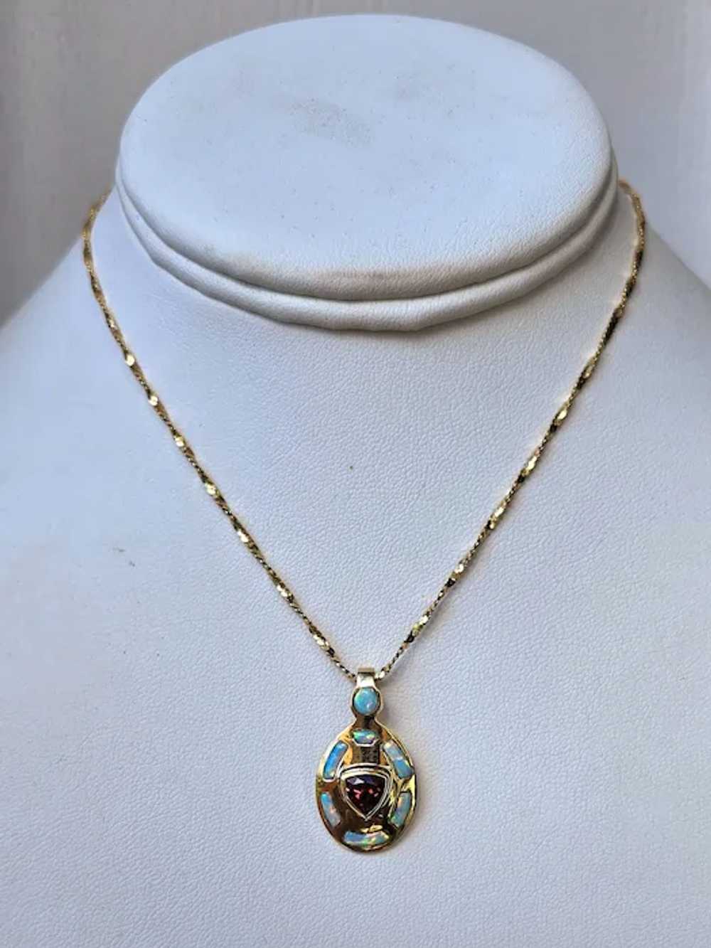 Vintage 14K Natural Opal & Red Garnet Pendant - image 2