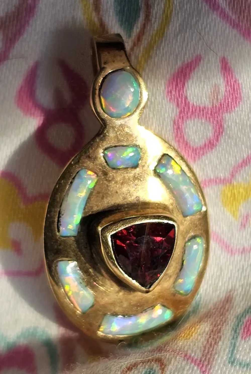 Vintage 14K Natural Opal & Red Garnet Pendant - image 9