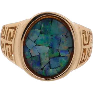 Mosaic Opal Greek Key Signet Ring 14K Yellow Gold 