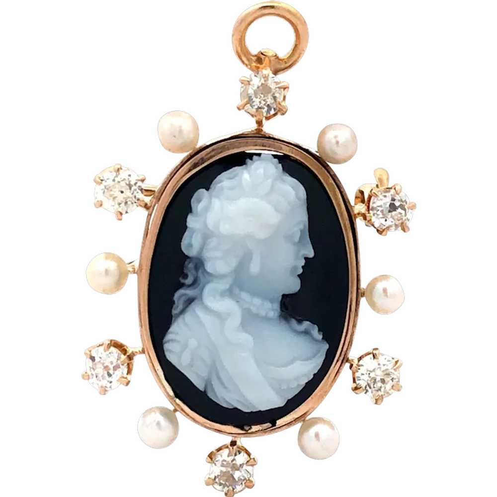 Victorian Onyx Cameo Pendant Brooch with Pearls a… - image 1