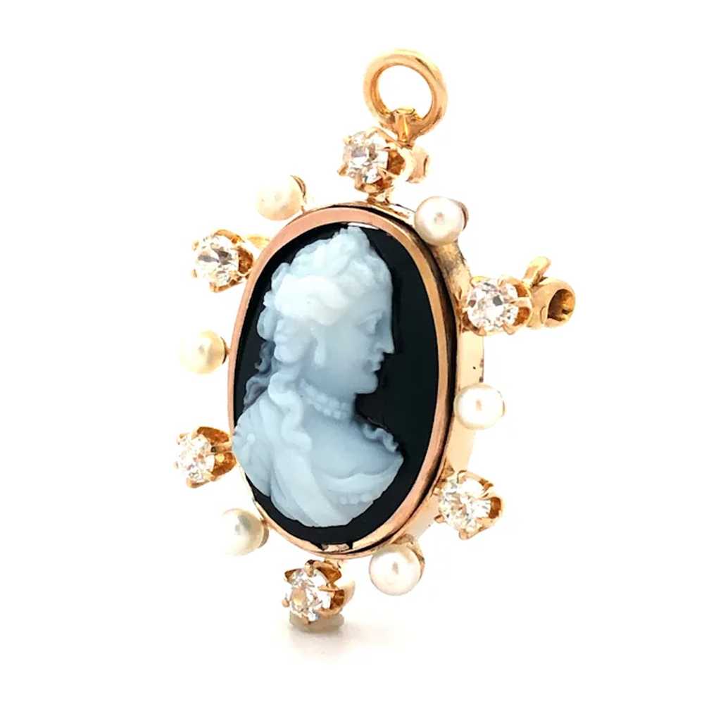 Victorian Onyx Cameo Pendant Brooch with Pearls a… - image 2