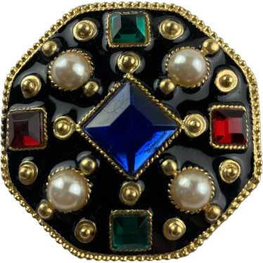 Bejeweled Shield Brooch in Gold Tone and Black En… - image 1