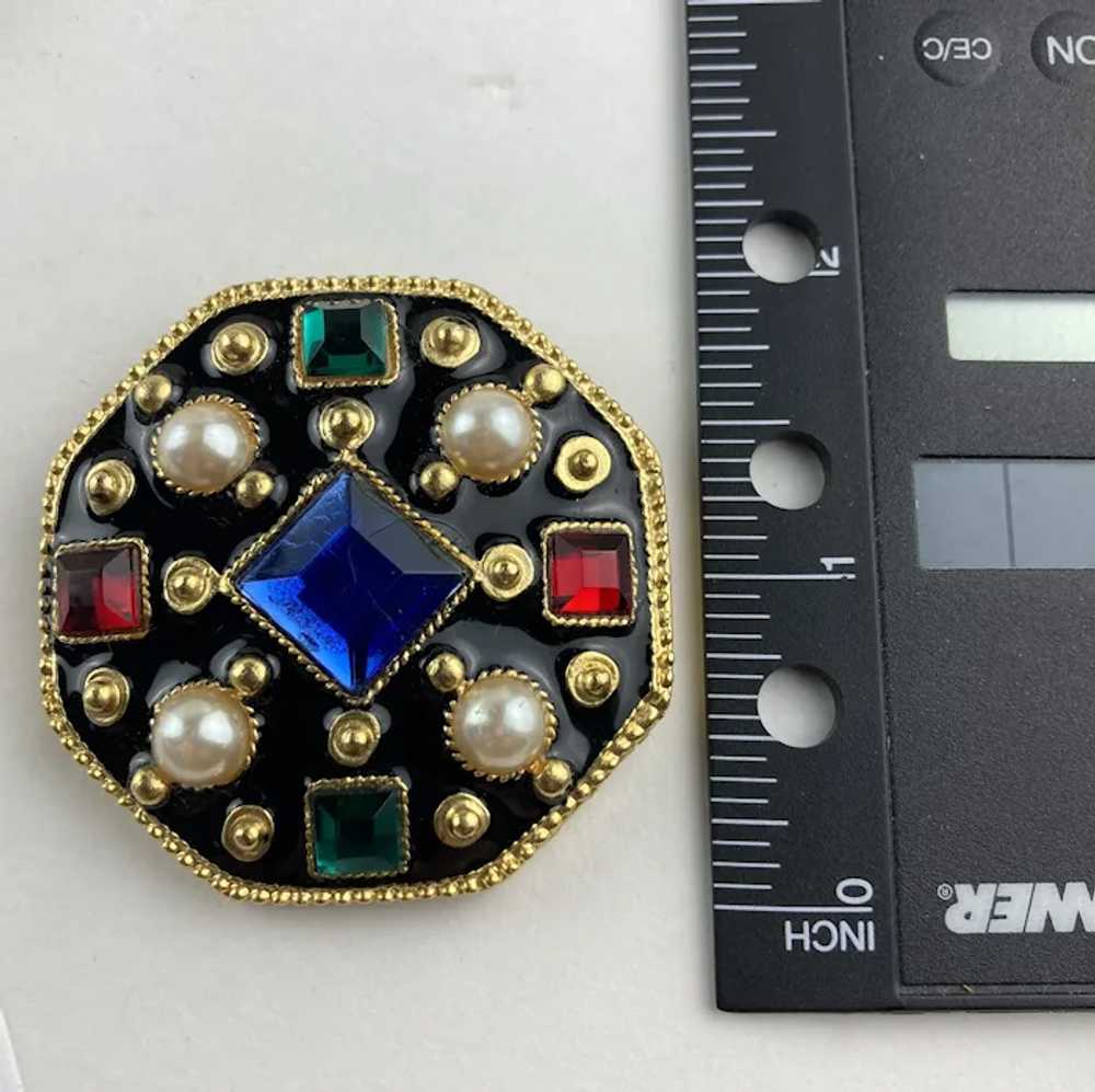 Bejeweled Shield Brooch in Gold Tone and Black En… - image 2
