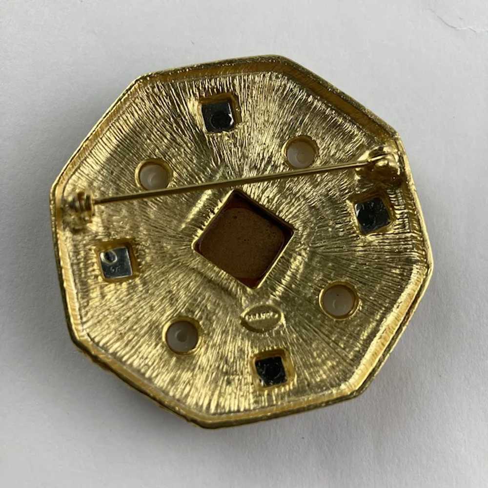 Bejeweled Shield Brooch in Gold Tone and Black En… - image 5