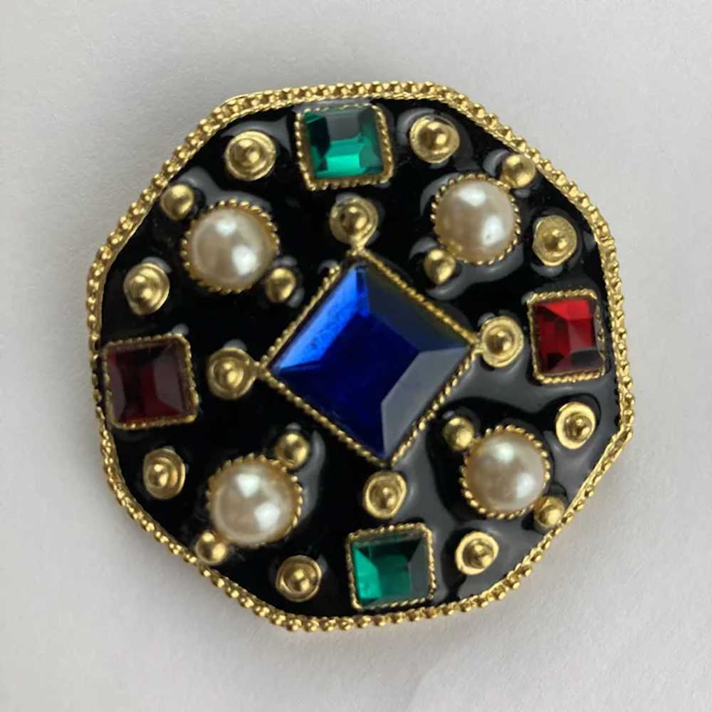 Bejeweled Shield Brooch in Gold Tone and Black En… - image 6