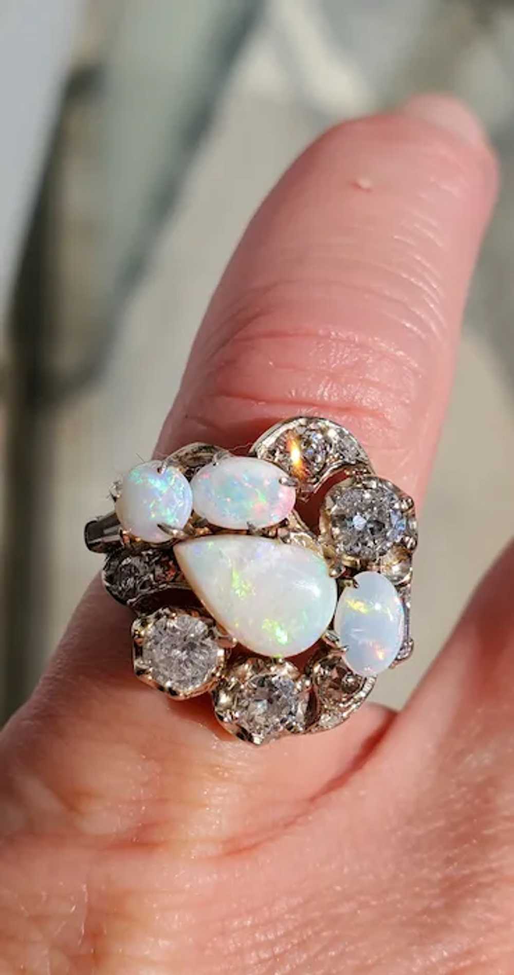 14K Opal Cluster & Old European Cut Diamonds Vint… - image 11