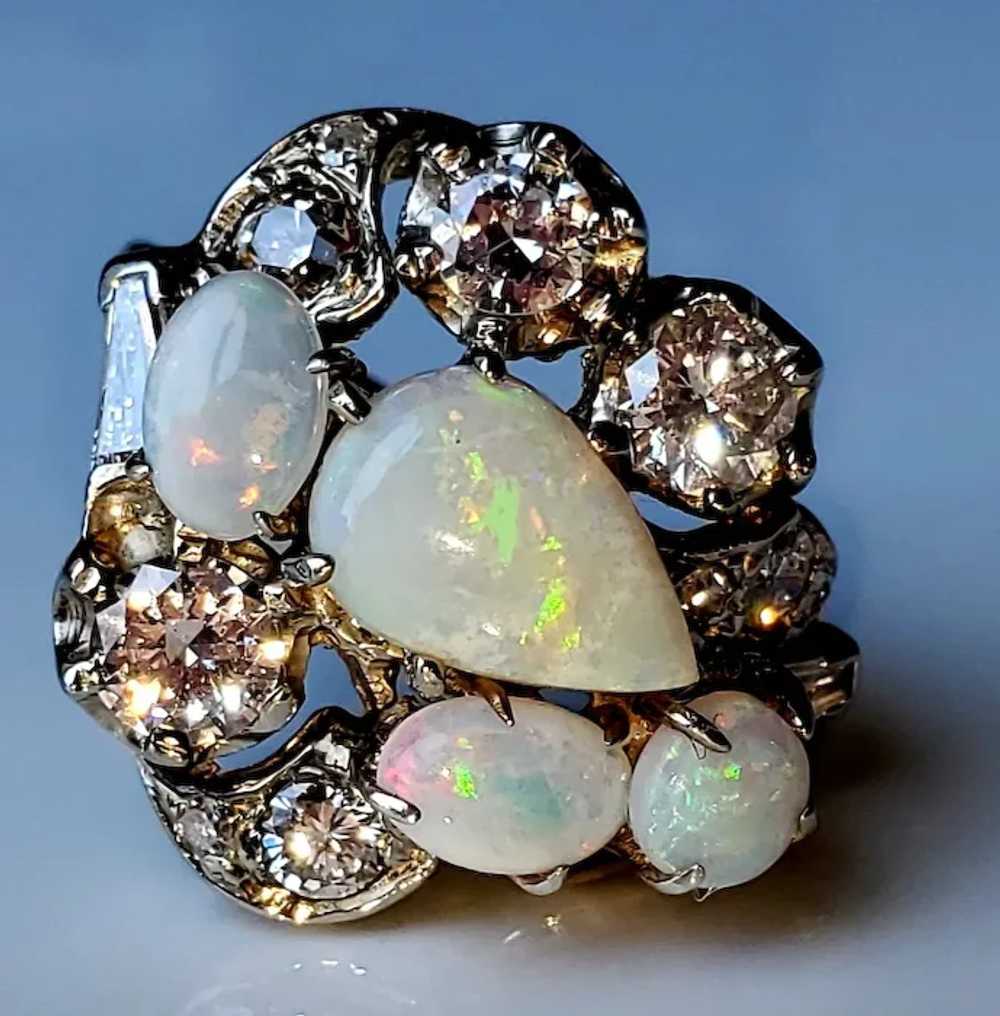 14K Opal Cluster & Old European Cut Diamonds Vint… - image 4