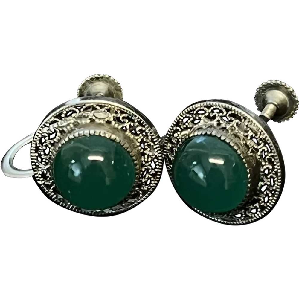 Vintage Jade and Sterling Silver Filigree Earrings - image 1