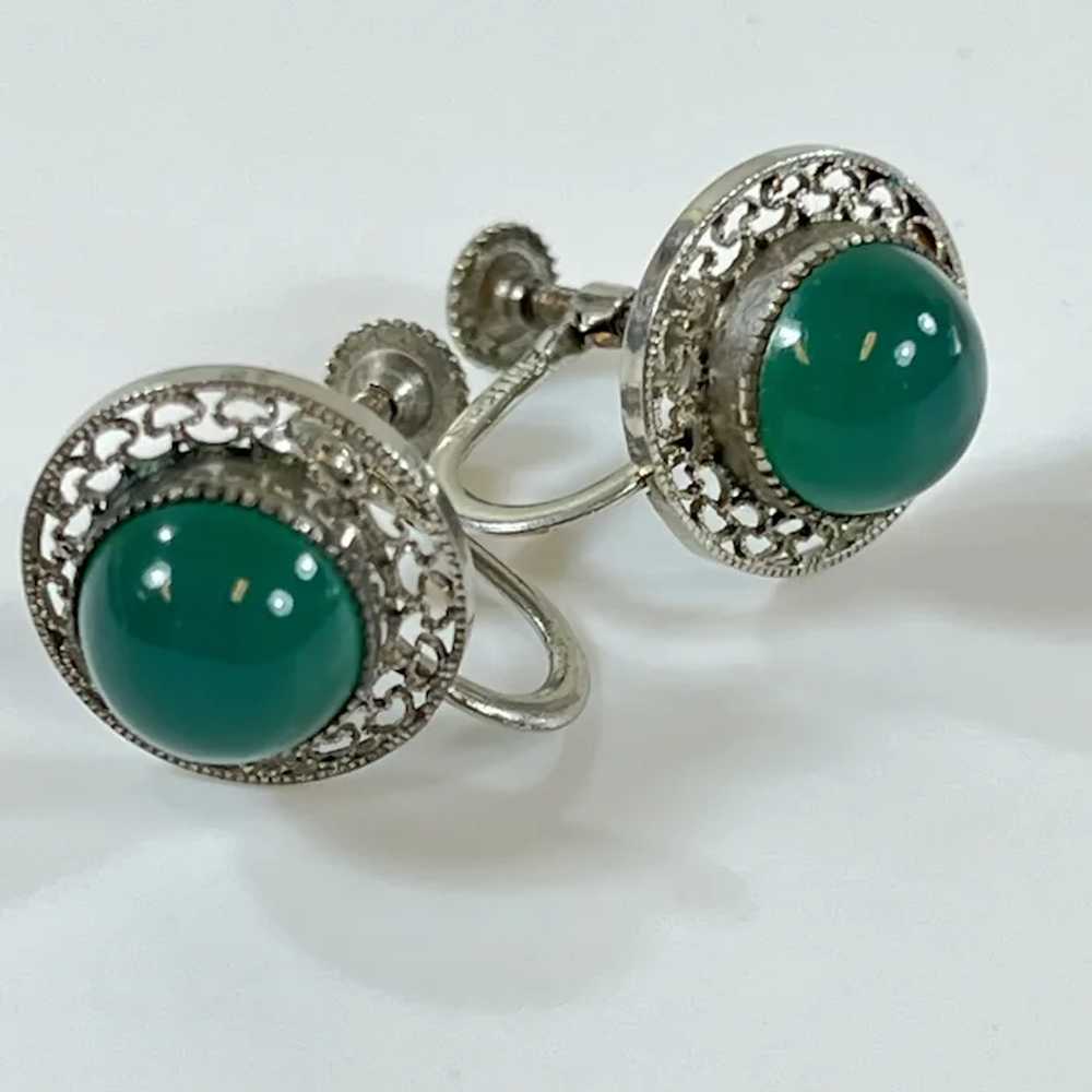 Vintage Jade and Sterling Silver Filigree Earrings - image 2
