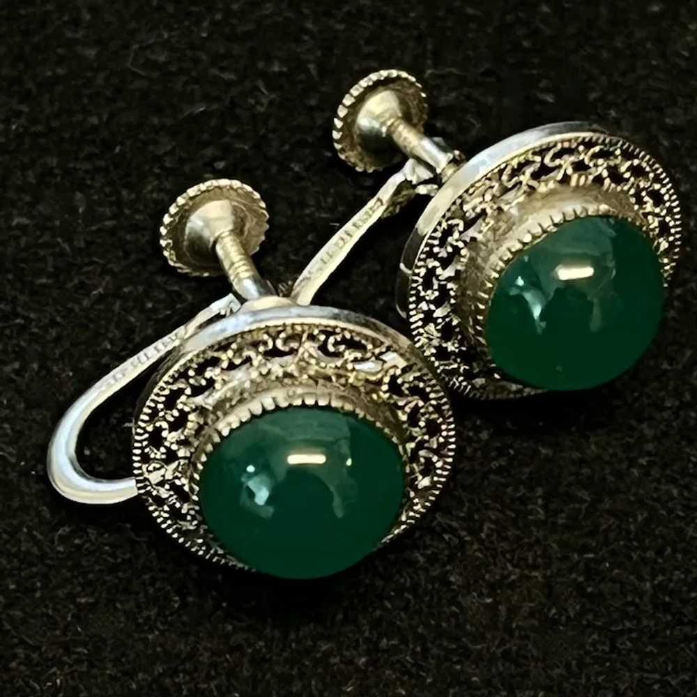 Vintage Jade and Sterling Silver Filigree Earrings - image 3