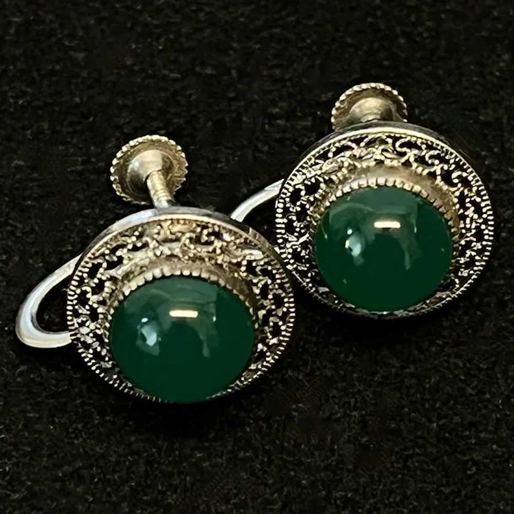 Vintage Jade and Sterling Silver Filigree Earrings - image 6