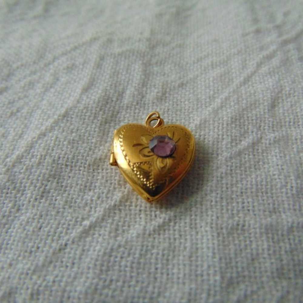 vintage tiny heart shaped locket w/ purple crystal - image 1