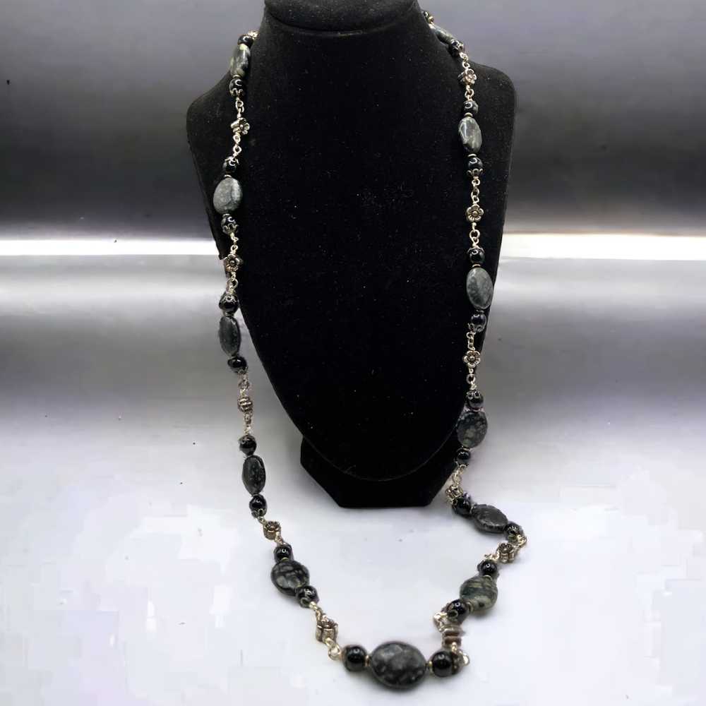 Other Long marbled black, gray stones & silver fl… - image 1