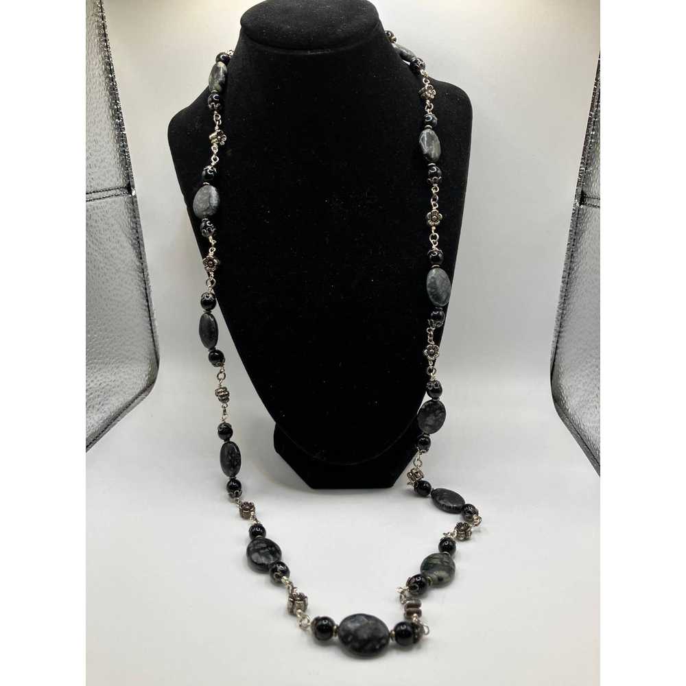 Other Long marbled black, gray stones & silver fl… - image 2