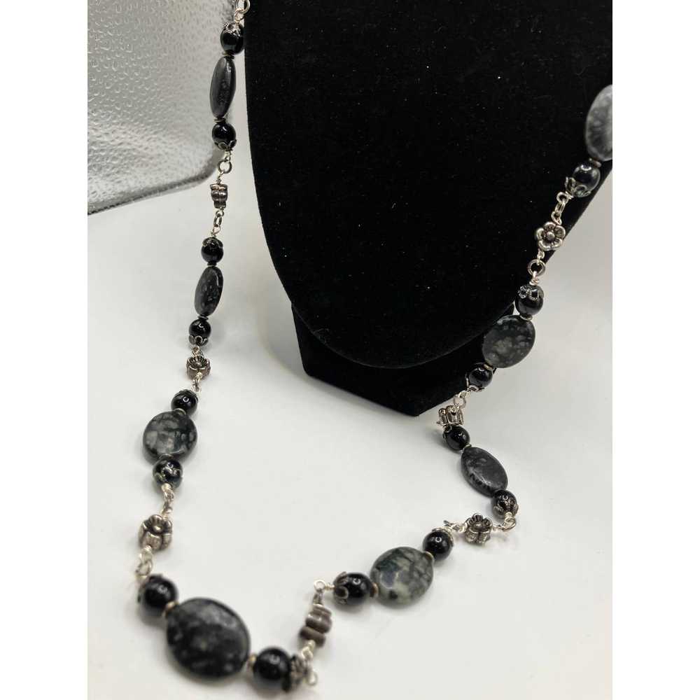 Other Long marbled black, gray stones & silver fl… - image 3