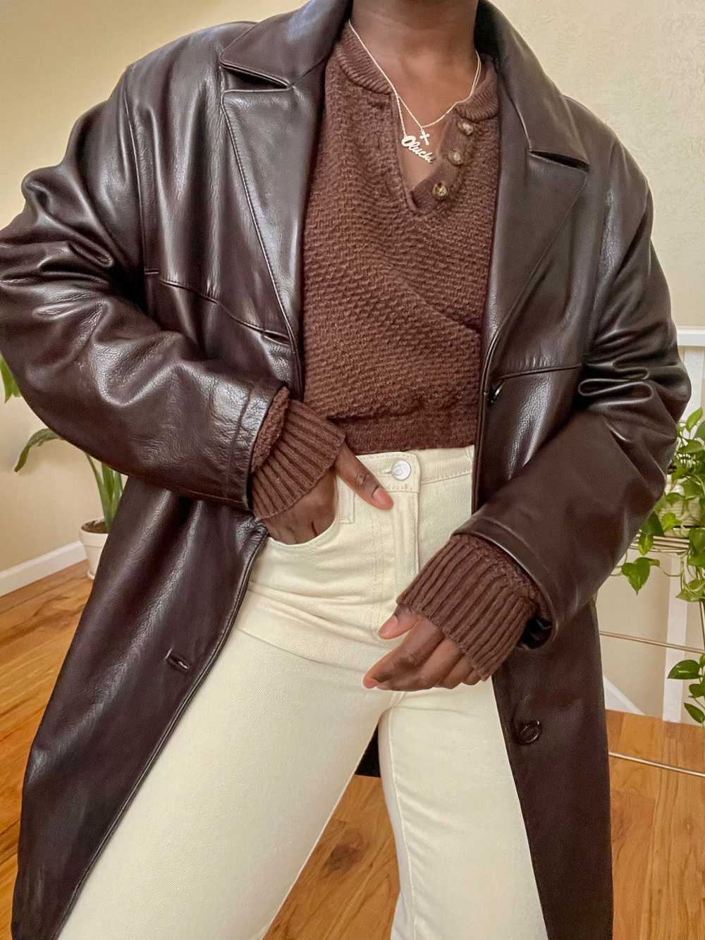 oversized vintage espresso leather jacket - image 2