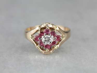 Floral Diamond and Ruby Cocktail Ring - image 1