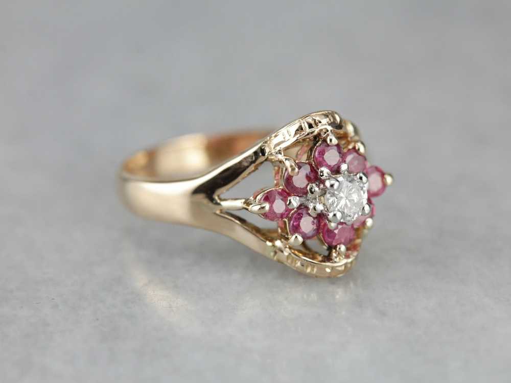 Floral Diamond and Ruby Cocktail Ring - image 2