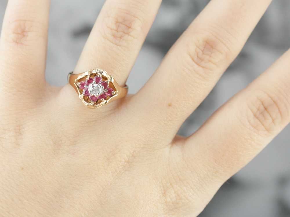 Floral Diamond and Ruby Cocktail Ring - image 4