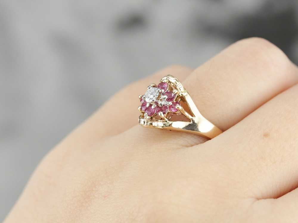 Floral Diamond and Ruby Cocktail Ring - image 5