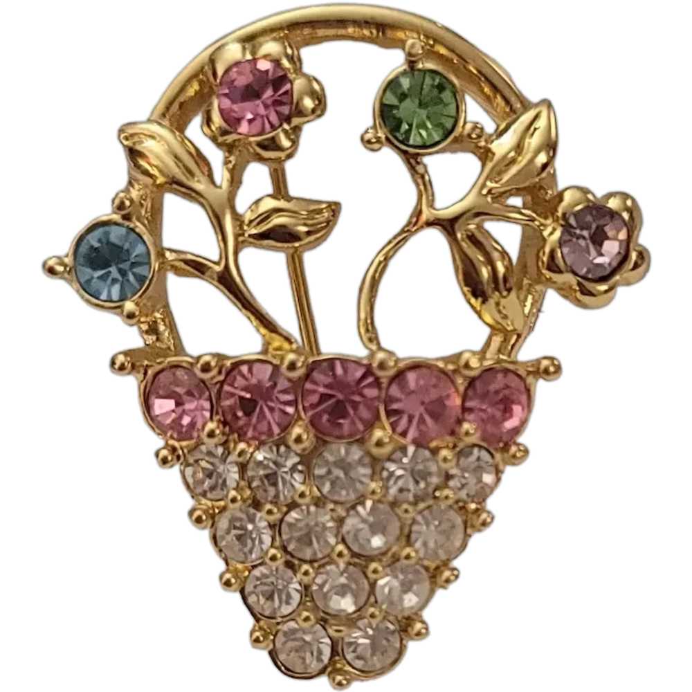 Monet Vintage Gold Tone Pink, Clear Purple Rhines… - image 1