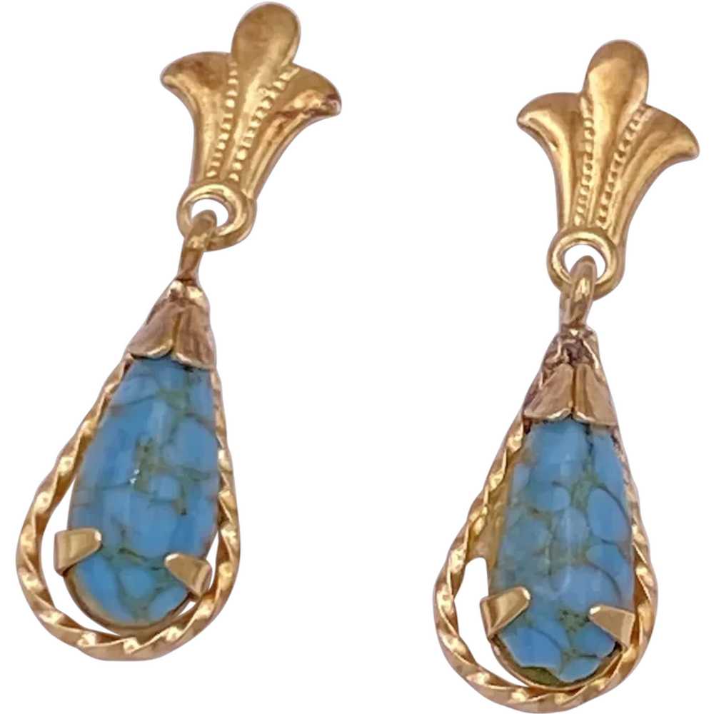 Petite Vintage Turquoise Dangle Earrings 14K Gold - image 1