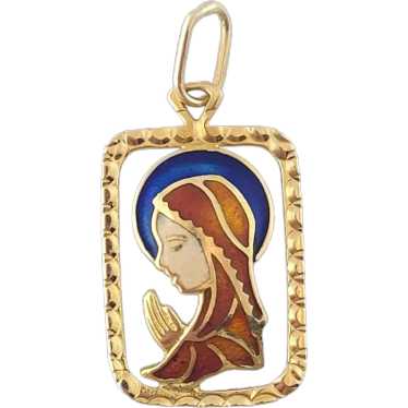 14K Yellow Gold Enamel Virgin Mary Pendant #16377 - image 1
