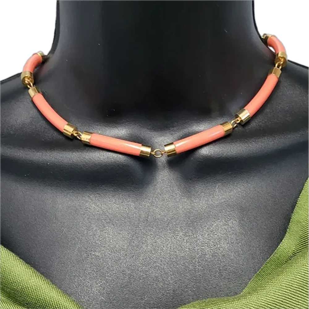 Faux Coral Link Necklace Long Lucite Curved Beads… - image 1