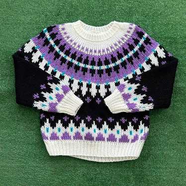 Vintage 90s Purple Hand Knit Patterned Sweater. S… - image 1