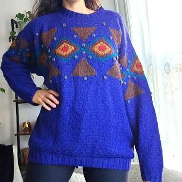 Oversized XL wool "ugly sweater" vintage pom pom … - image 1