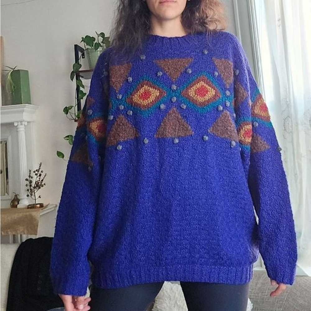Oversized XL wool "ugly sweater" vintage pom pom … - image 4