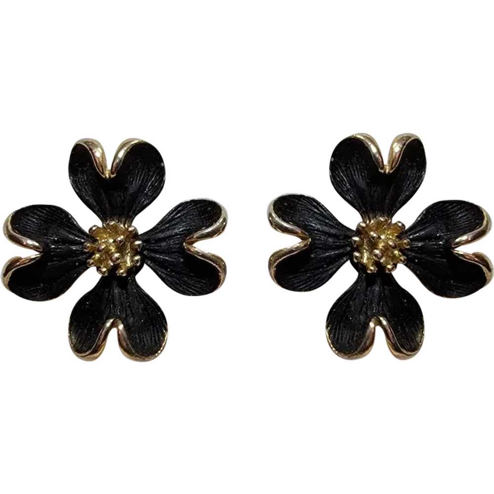 Black and goldtone clip on flower earrings - image 1