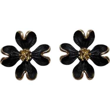 Black and goldtone clip on flower earrings - image 1